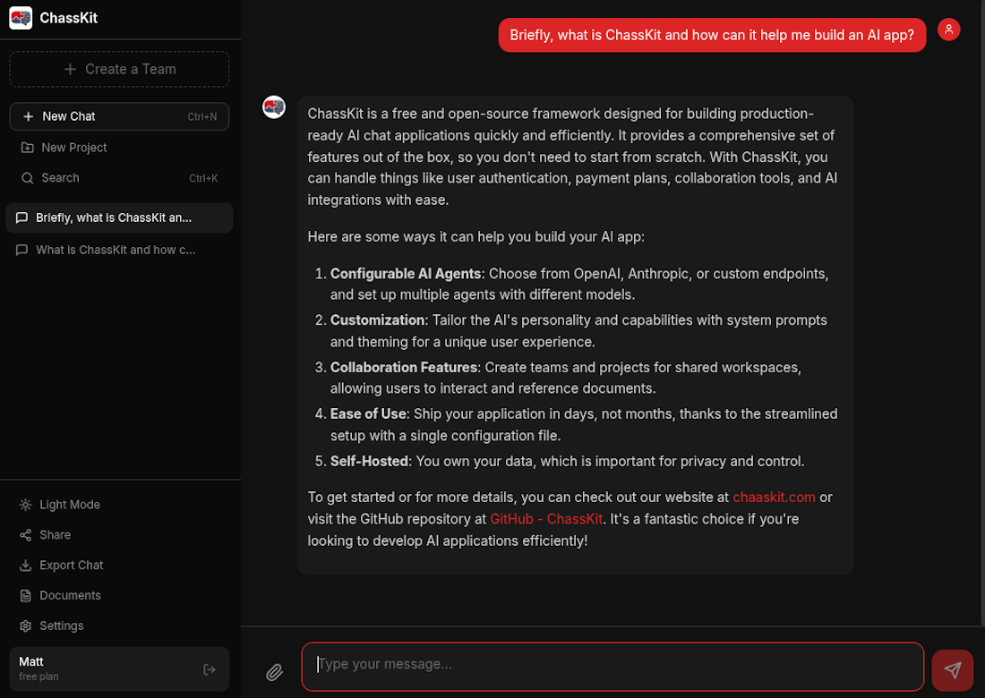 ChaasKit dark mode interface